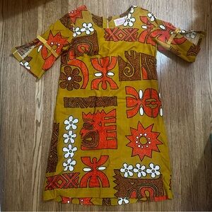 Midcentury Malihini Tiki Dress Hawaiian Barkcloth Geometric Shift Mini Oasis M